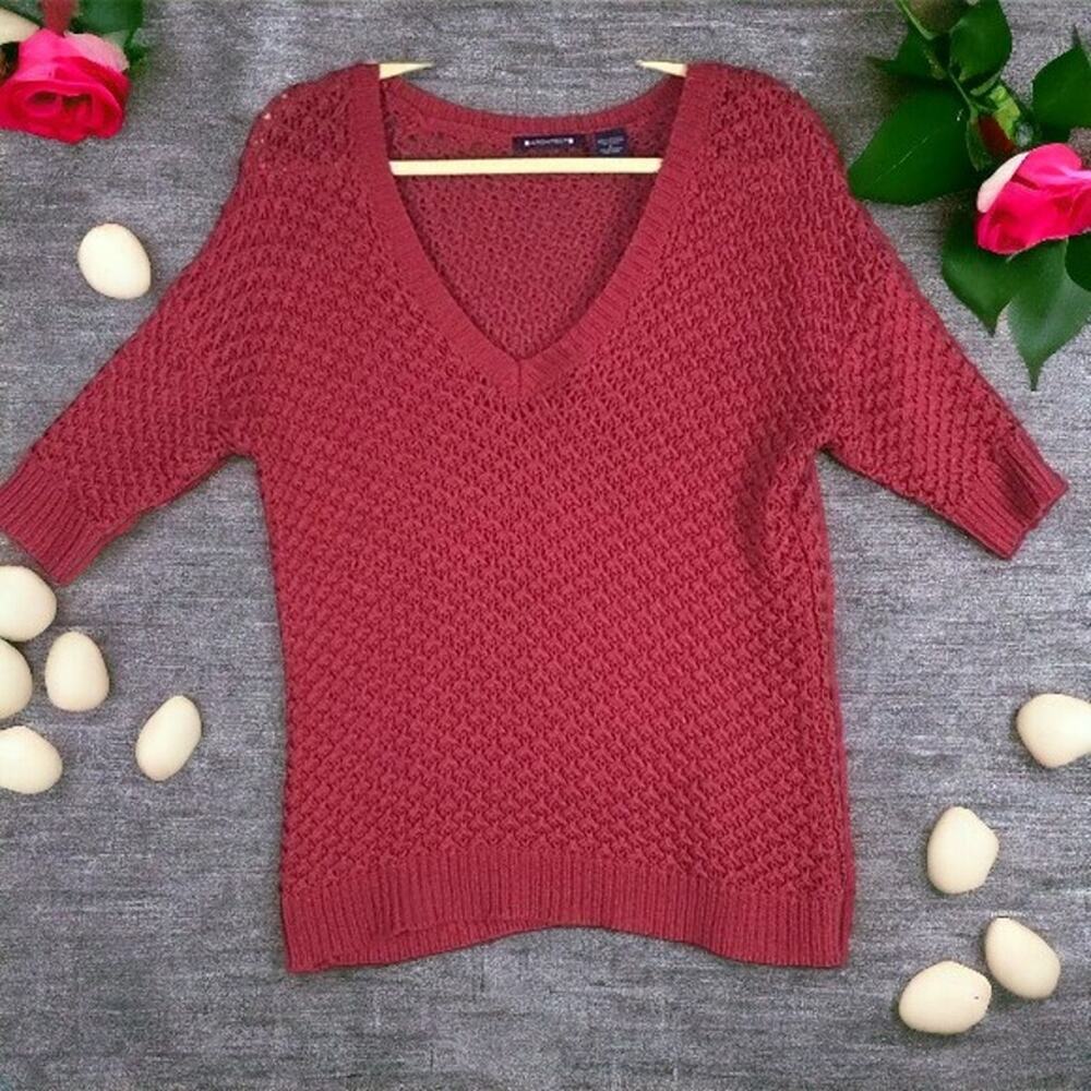 Architect Women’s Large Maroon Pullover Sweater Open Knit 3/4 Sleeves Stretch